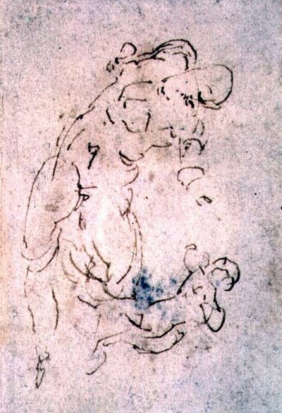 Skizze eines liegenden Mannes und Kindes (rote Kreide) von Michelangelo Buonarroti